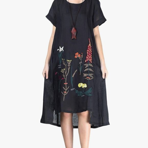 Dresses & Skirts - Boho Chic Floral Embroidered Linen Cotton Summer Tunic Dress